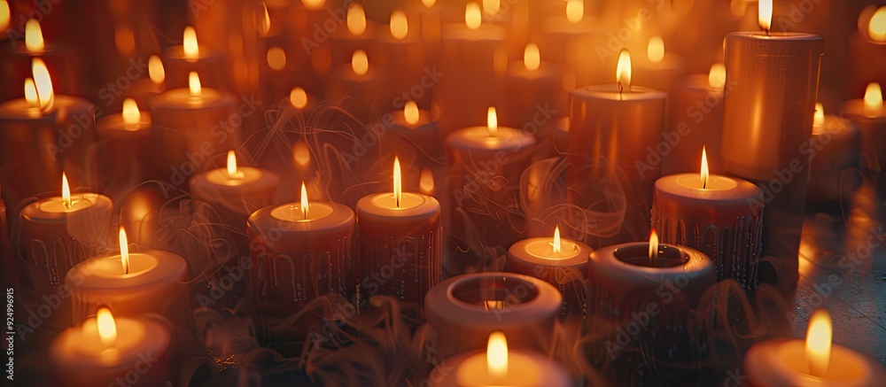 Close up shot of numerous lit candles against a dark backdrop with ample copy space image Close up shot of numerous lit candles against a dark backdrop with ample copy space image