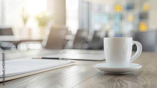 Serene Workspace with a Pristine White Mug and Binders