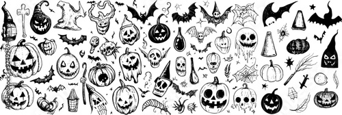 Black and white Halloween-themed doodle collection featuring a variety of spooky elements including jack-o'-lanterns, bats, skulls, spiders, and witches' hats. Halloween Doodle