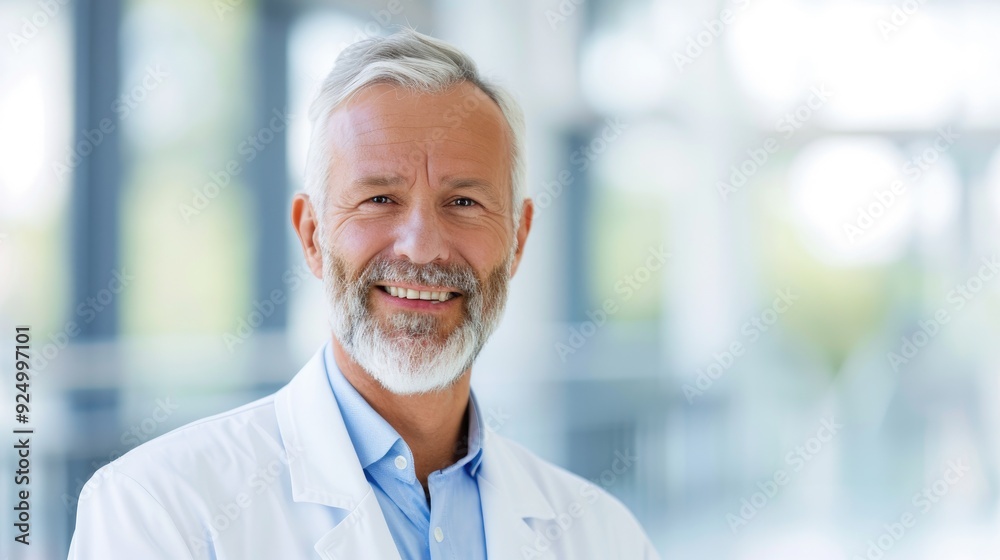 Scientist with White Beard and Lab Coat, Smiling in Well-Lit Room Scientist with White Beard and Lab Coat, Smiling in Well-Lit Room
