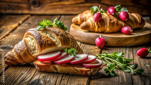 rustic morning light softened whites radish slice atop buttery croissant crusty baguette background earthy tones warm golden hues soft focus rustic wooden table france-inspired