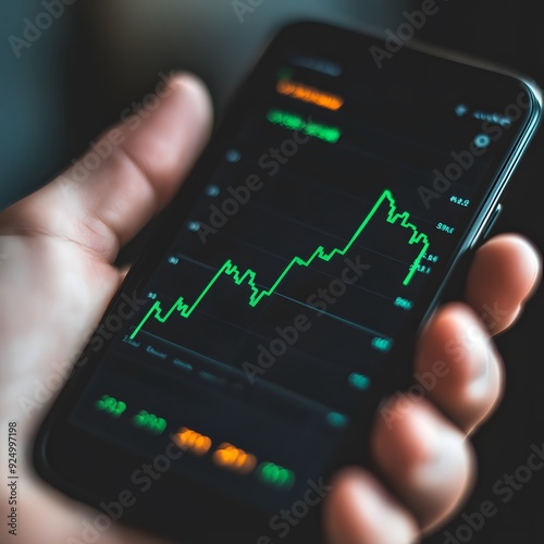 A close-up of a hand holding a smartphone displaying a soaring stock graph, the green line shooting upwards.