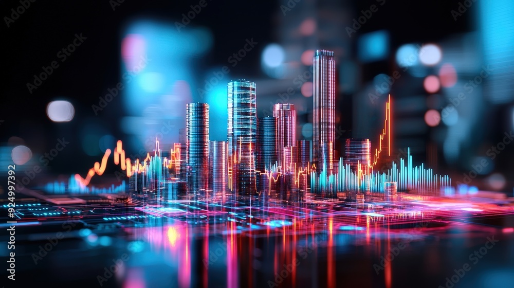 A futuristic cityscape with financial graphs overlayed symbolizing economic growth