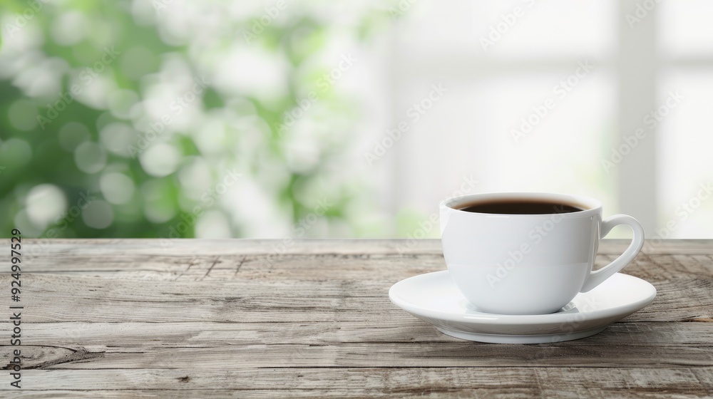White Coffee Cup with Saucer on Wooden Table White Coffee Cup with Saucer on Wooden Table