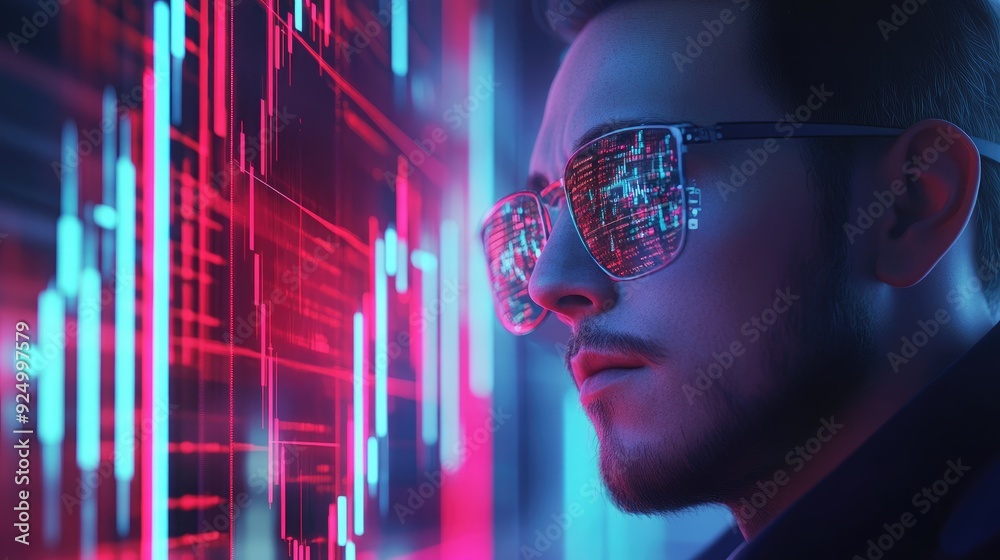 Fototapeta premium Stock trader analyzing volatile market, holographic chart, 3D illustration