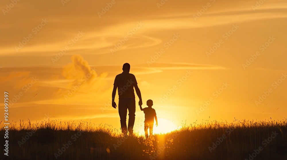 Fototapeta premium Father and Son Bonding During a Serene Sunset Stroll