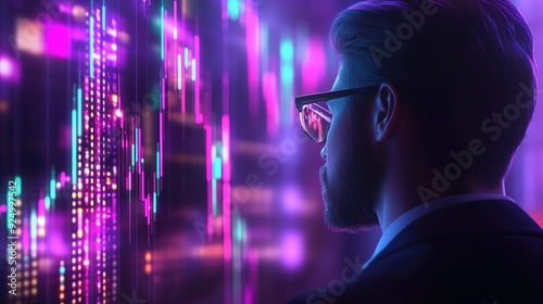 Stock trader analyzing volatile market, holographic chart, 3D illustration