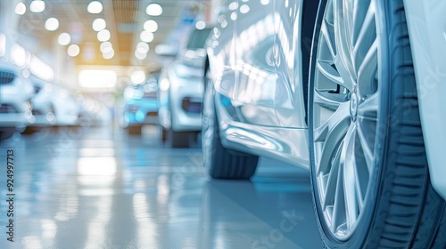 Wallpaper Mural Silver Sedan Front Wheel Highlighted Amidst Car Showroom Assembly Line Torontodigital.ca