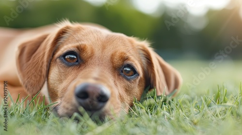 A Charming Outdoor Scene of a Light Brown Dog with Black Eyes and Ears