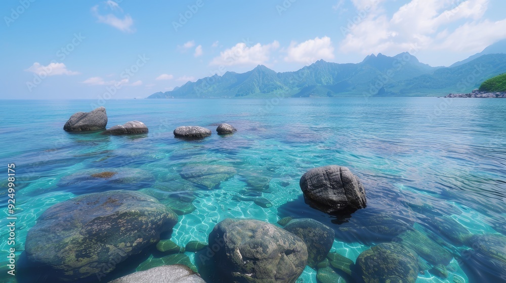 Fototapeta premium Serene Rocky Ocean Shoreline Captured in Vivid Colors