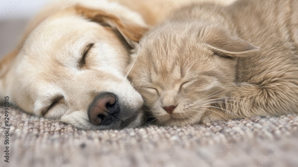 Serene Moment Between a Golden Retriever Puppy and Gray Kitten Serene Moment Between a Golden Retriever Puppy and Gray Kitten