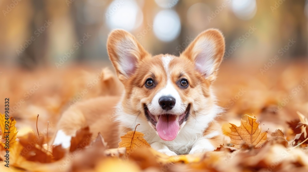Cute Brown and White Corgi Relaxing on Autumn Leaves Cute Brown and White Corgi Relaxing on Autumn Leaves