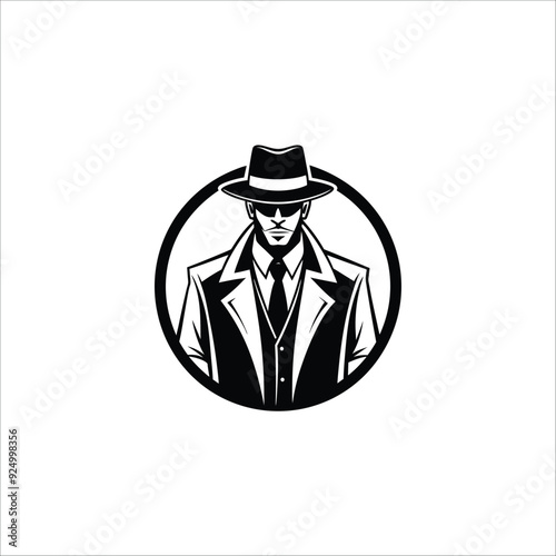 Simple Clean Detective Theme logo silhouette of man wear hat and coat