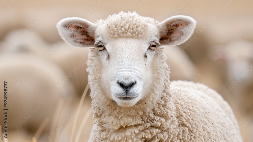 A Curious White Sheep with Brown Spots in a Dry Grass Field A Curious White Sheep with Brown Spots in a Dry Grass Field