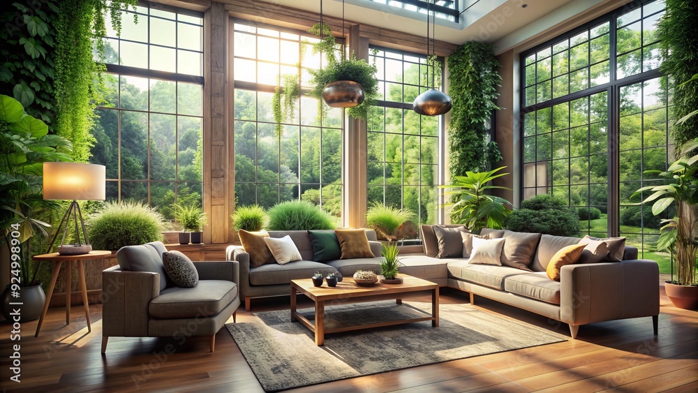 Fototapeta premium Serene living room with lush greenery, natural light pouring through large windows, and plush furniture creating a cozy and peaceful atmosphere.
