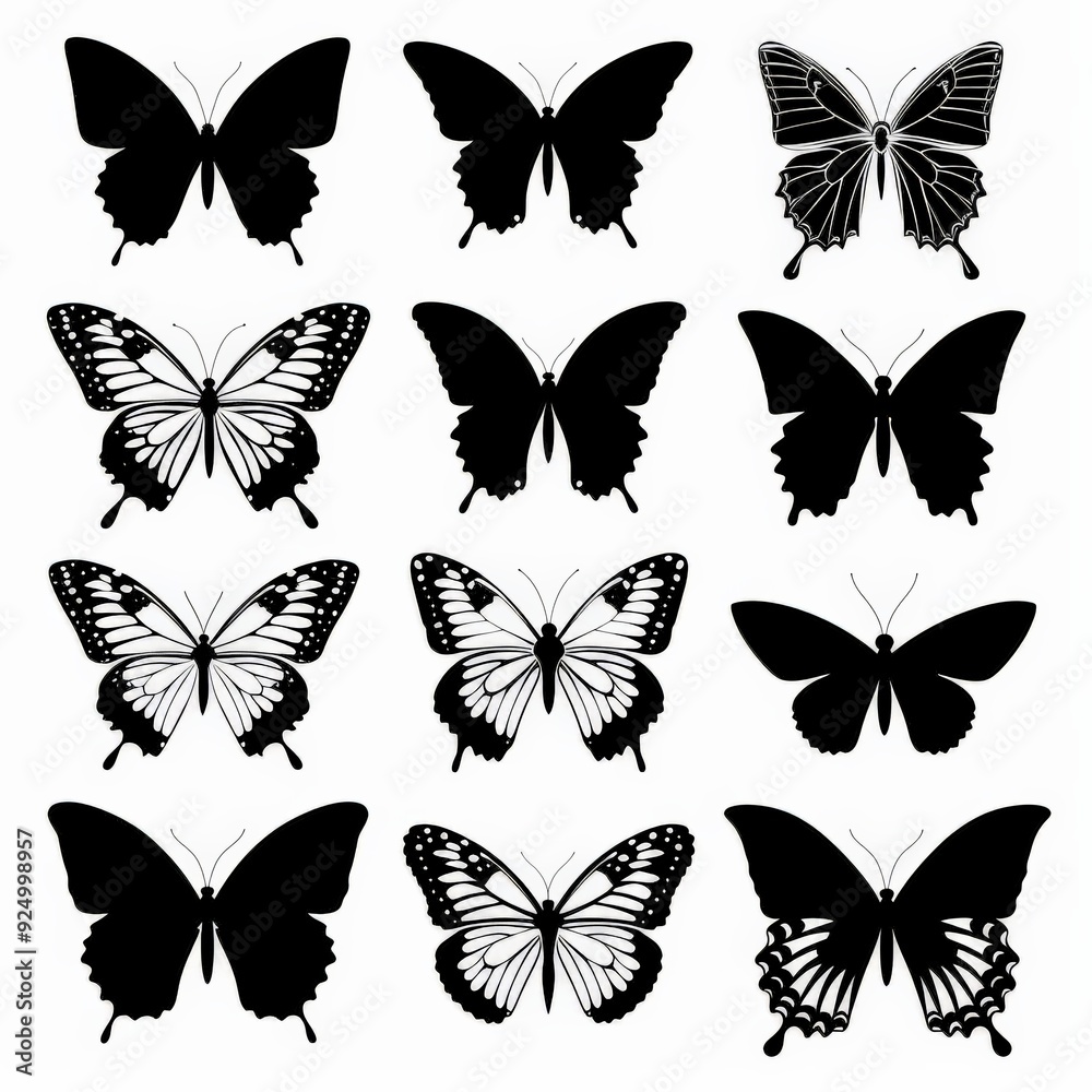 Black and White Butterfly Silhouettes Set. Black and White Butterfly Silhouettes Set.