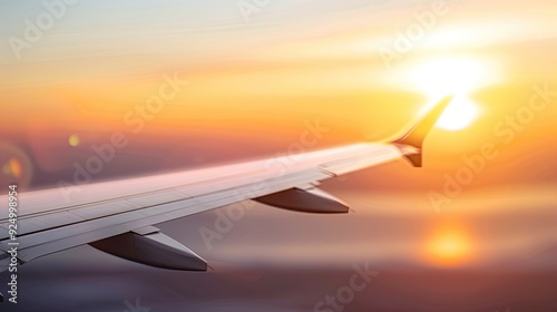 Sunset Scene with White Airplane Wing and Engine Nacelles photo