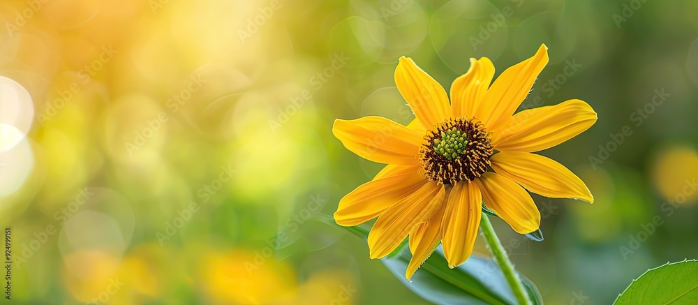 Obraz premium Selective focus on a yellow flower in natural surroundings with copy space image.