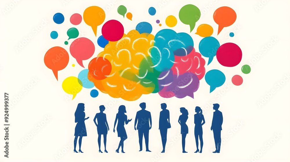 A vibrant vector illustration of people standing around an abstract brain, with colorful speech bubbles filled with different ideas A vibrant vector illustration of people standing around an abstract brain, with colorful speech bubbles filled with different ideas