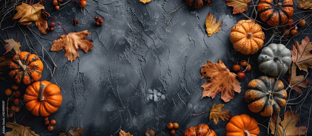 Top-down view of a gray table featuring pumpkins and leaves on an autumn-themed background, providing ample copy space for text.