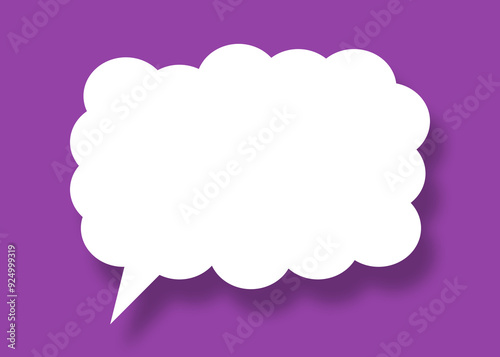 Empty white cloud paper speech bubble shape against purple background.