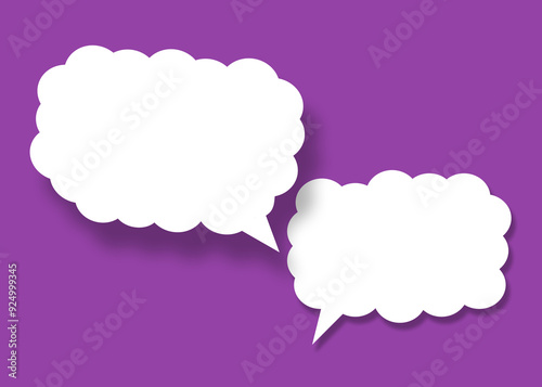 Empty white cloud paper speech bubble shape against purple background.