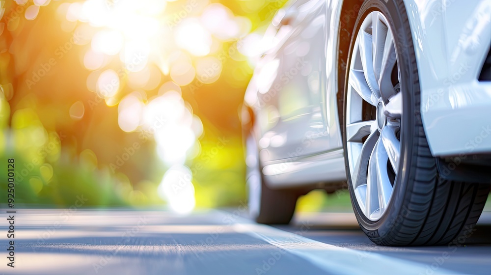 Sleek Silver Car with Large Muddy Tire on Sunny Day Sleek Silver Car with Large Muddy Tire on Sunny Day