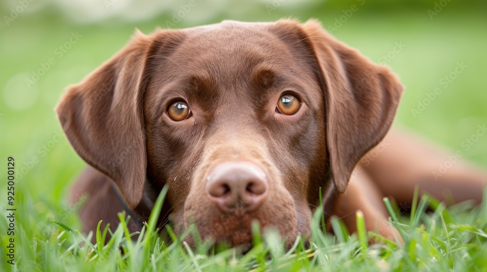 Curious Brown Dog in Grassy Field with Blue Eyes Curious Brown Dog in Grassy Field with Blue Eyes
