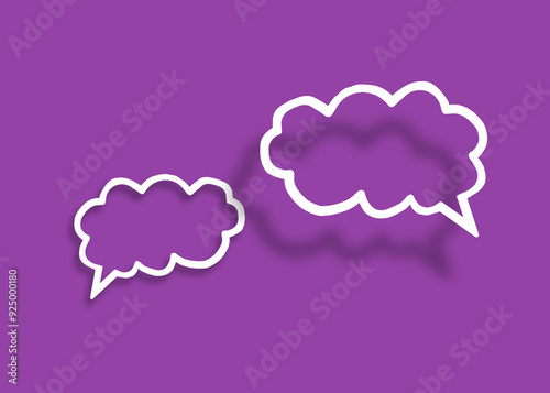 Empty transparent cloud paper speech bubble shape against purple background.