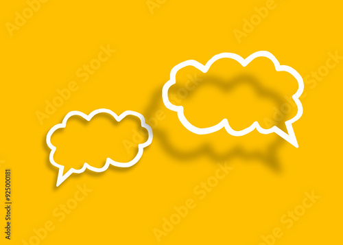 Empty transparent cloud paper speech bubble shape against yellow background.