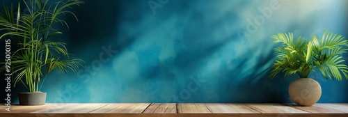 Two potted plants sit on a wooden surface with a calming blue background, evoking a serene and peaceful atmosphere. photo