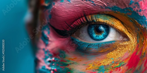 A striking close-up of an eye adorned with colorful, vibrant makeup and artistic paint strokes, capturing intricate details and brightness.