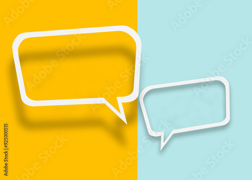 Empty transparent balloon paper speech bubble shape against yellow-light blue background.