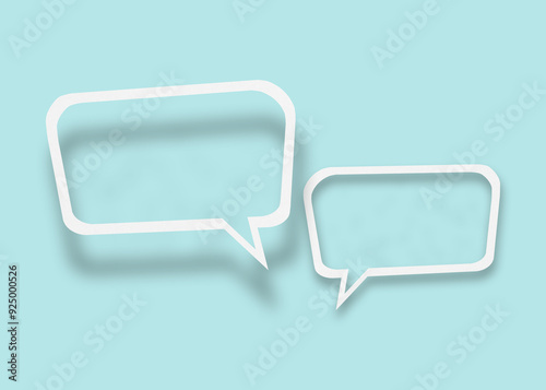 Empty transparent balloon paper speech bubble shape against light blue background.