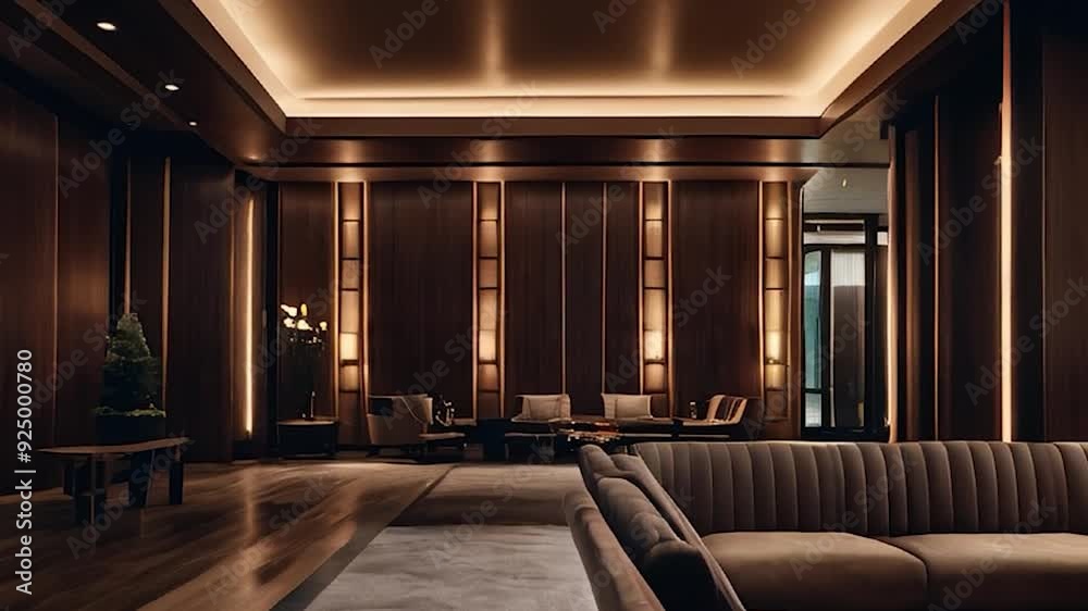 Luxury Hotel Lobby with Dark Wood Paneling, Warm Lighting, and Plush ...