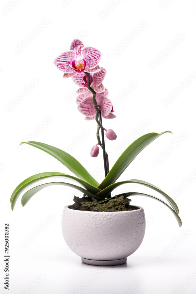 Blooming orchid in ceramic flower pot on white background. Potted exotic house plant, interior detail Blooming orchid in ceramic flower pot on white background. Potted exotic house plant, interior detail