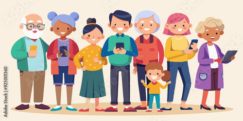 Aged people. Seniors together, with grandchildren and children, an elderly man and woman use phones and communicate. Grandparents in full growth
