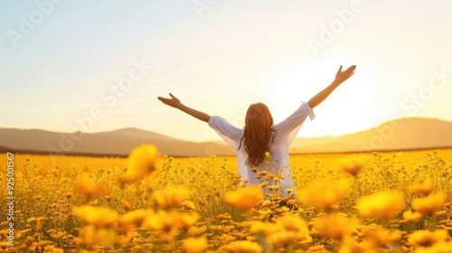 Woman Admiring Yellow Flowers at Sunset