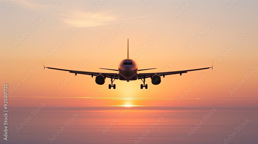Twin-Engine Commercial Airplane Soars Over Ocean at Sunset Twin-Engine Commercial Airplane Soars Over Ocean at Sunset