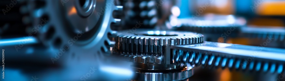 Close-up of metallic gears and cogs in motion, representing precision engineering and industrial machinery in a factory setting. Close-up of metallic gears and cogs in motion, representing precision engineering and industrial machinery in a factory setting.