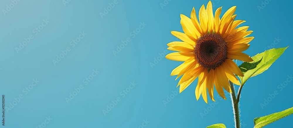 Obraz premium A vivid sunflower set against a bright blue sky is shown in the copy space image