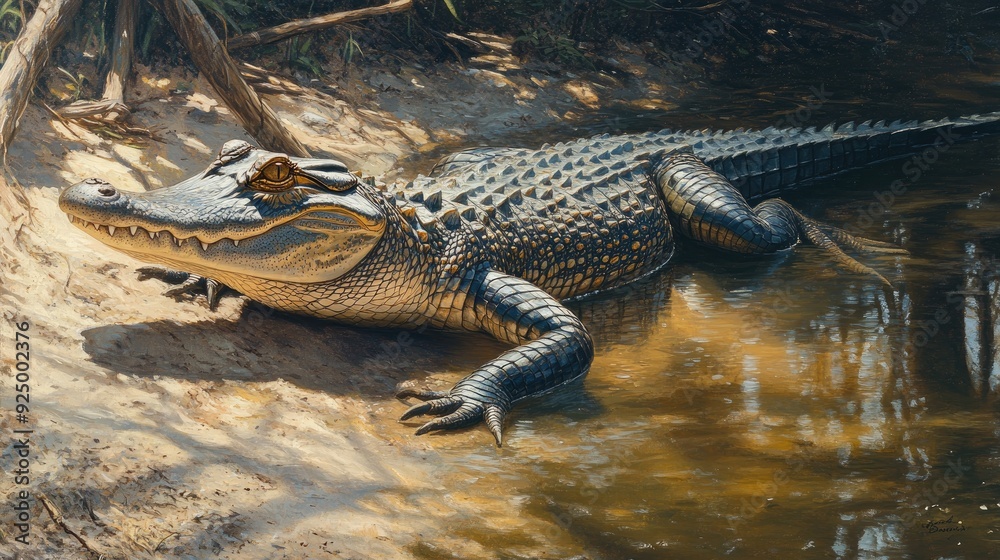 Fototapeta premium A basking alligator on a sunny riverbank, with its scales glistening and tail partially submerged in water.