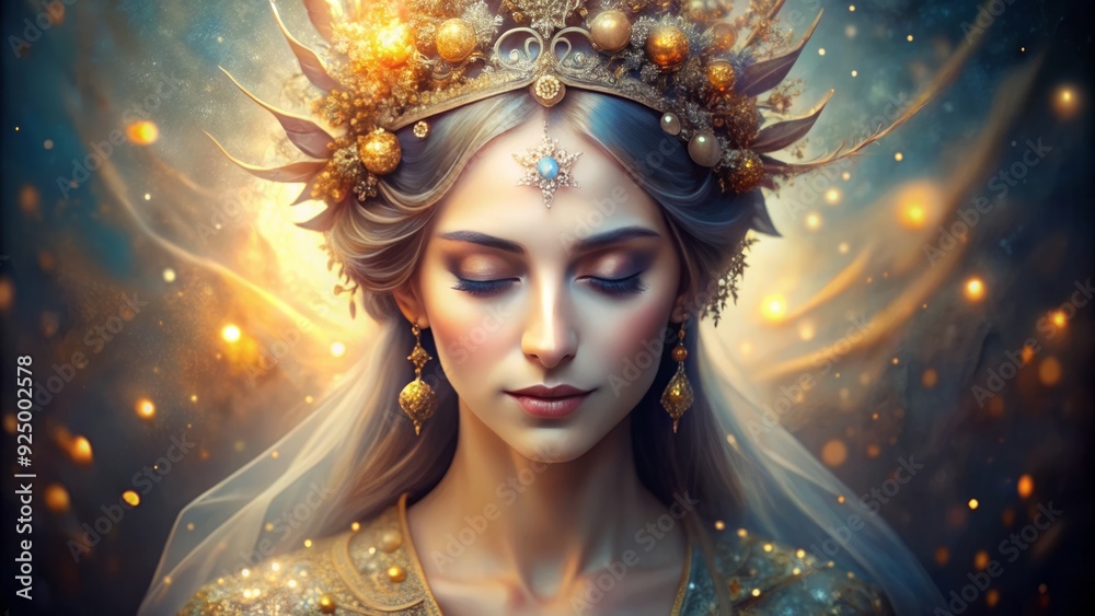 Soothing portrait of a serene goddess with intricate crown, gentle smile, and soft glow, evoking spirituality and femininity in a mystical atmosphere. Soothing portrait of a serene goddess with intricate crown, gentle smile, and soft glow, evoking spirituality and femininity in a mystical atmosphere.
