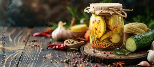 A jar of pickled cucumbers with assorted vegetables and spices beautifully arranged on a rustic wooden table offering a perfect area for a text overlay on the image. Copy space image