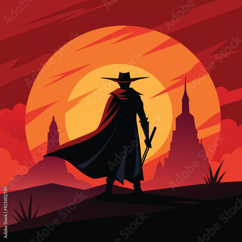 Silhouette of a lone adventurer at sunset, holding a sword, evoking themes of mystery, heroism, and epic journeys.