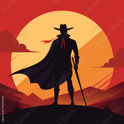 Silhouette of a lone adventurer at sunset, holding a sword, evoking themes of mystery, heroism, and epic journeys.