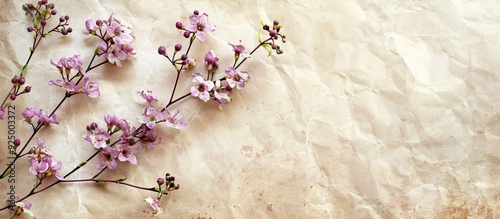 Stylish old paper background with pale lilac chinaberry tree flowers, square shape for copy space image. photo