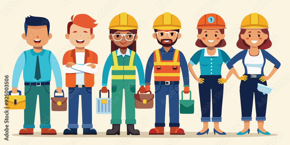 Set of characters of men and women working professions. Builders in uniform and protective vest and helmet
Set of characters of men and women working professions. Builders in uniform and protective vest and helmet