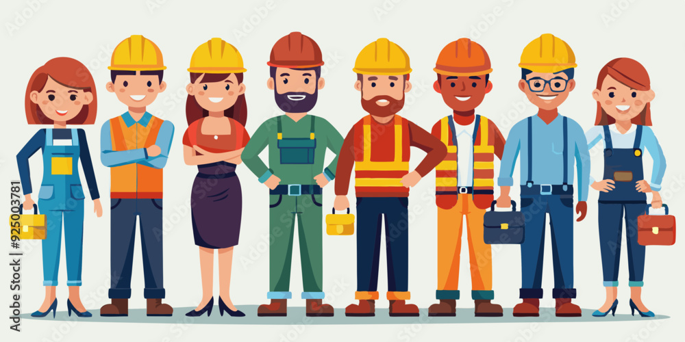 Set of characters of men and women working professions. Builders in uniform and protective vest and helmet
Set of characters of men and women working professions. Builders in uniform and protective vest and helmet