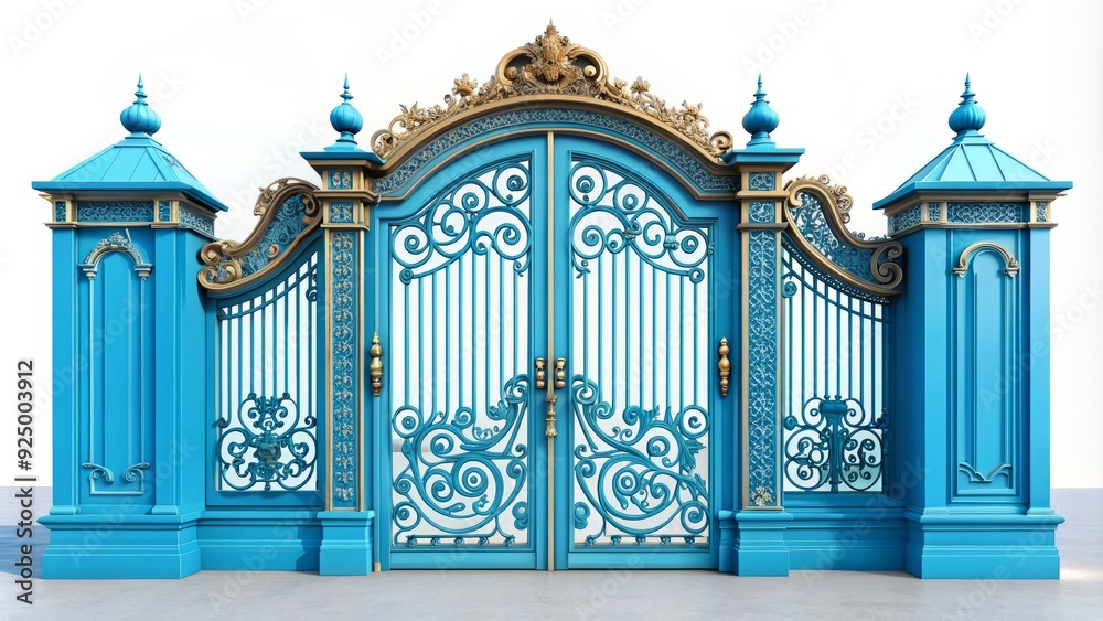 Stylized illustration of a bright blue entry gate icon with ornate ...